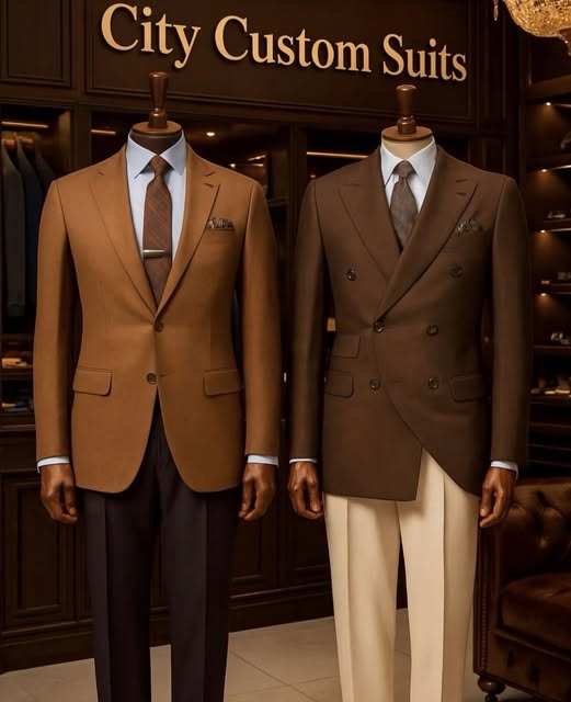 Camel and brown double-breasted suits on mannequins under the City Custom Suits sign